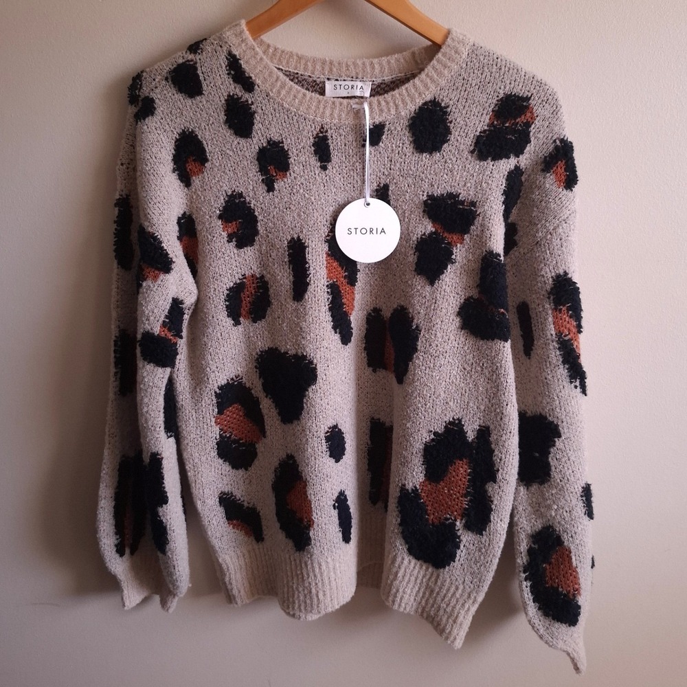 NEW Fuzzy Leopard Print Sweater Indie Sleaze Balloon Sleeve Textured Storia Sm